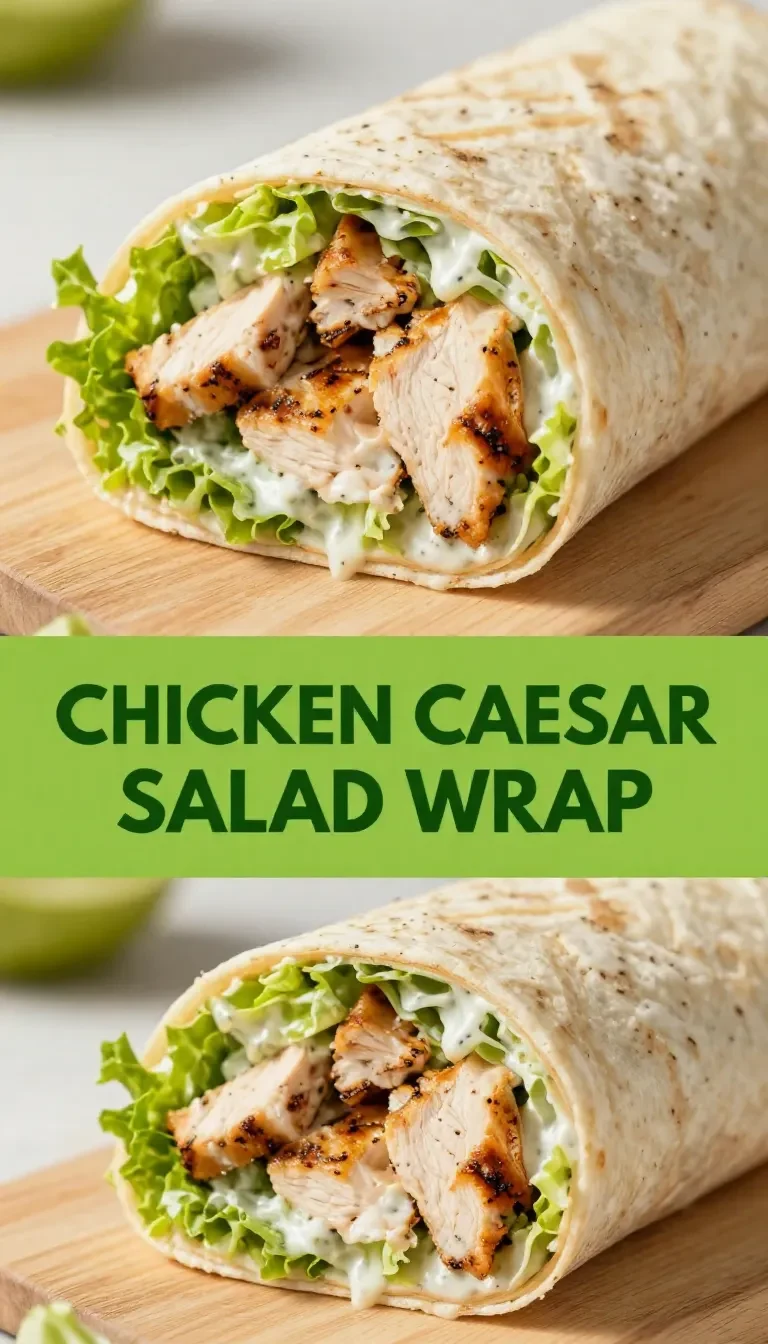A freshly prepared chicken Caesar salad wrap placed on a wooden cutting board.