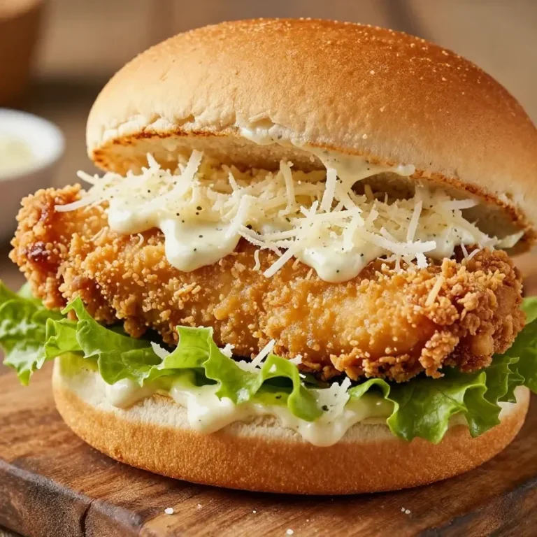 A close-up of a chicken Caesar sandwich with grilled chicken, fresh lettuce, and creamy Caesar dressing on toasted bread.