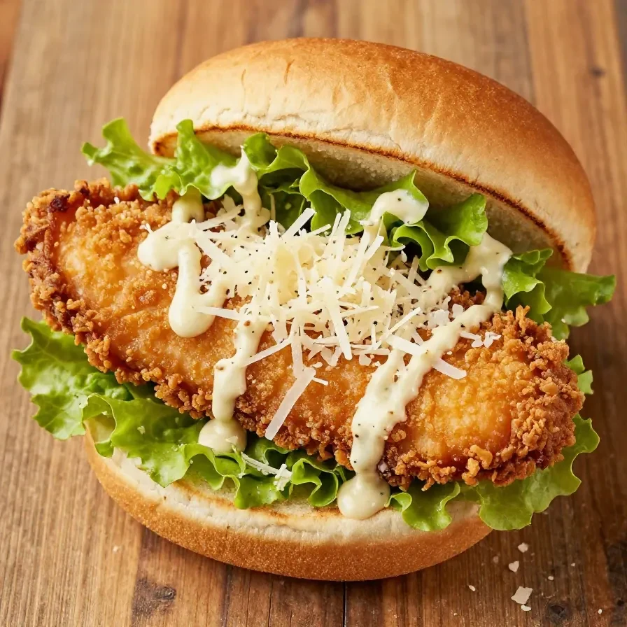 A close-up of a chicken Caesar sandwich with grilled chicken, fresh lettuce, and creamy Caesar dressing on toasted bread.