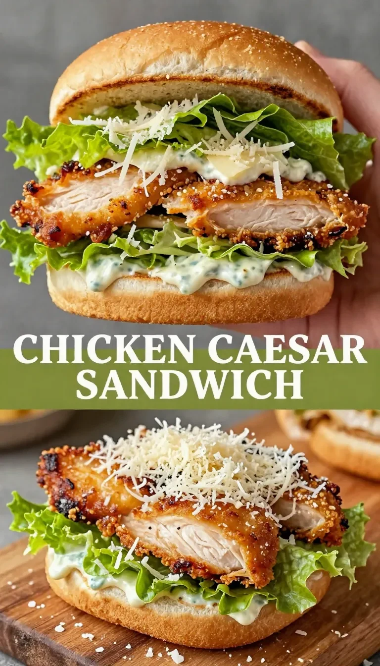 A close-up of a chicken Caesar sandwich with grilled chicken, fresh lettuce, and creamy Caesar dressing on toasted bread.