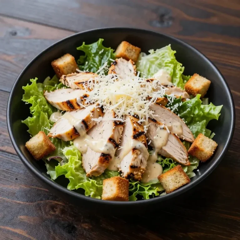 A bowl of healthy Caesar salad topped with grilled chicken slices, croutons, and fresh greens.