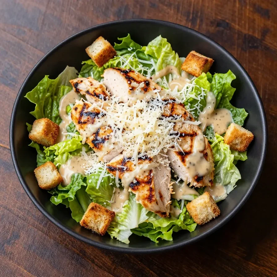 A bowl of healthy Caesar salad topped with grilled chicken slices, croutons, and fresh greens.