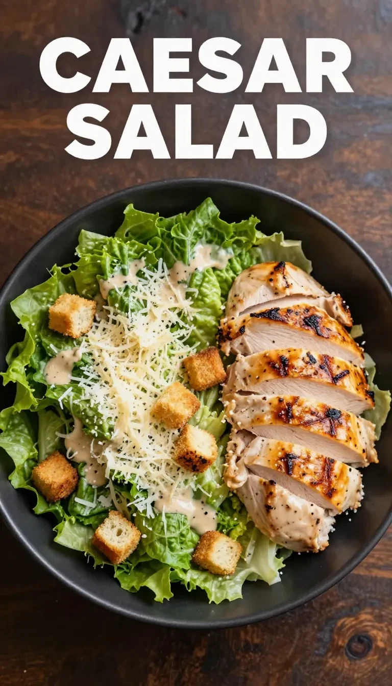 A bowl of healthy Caesar salad topped with grilled chicken slices, croutons, and fresh greens.