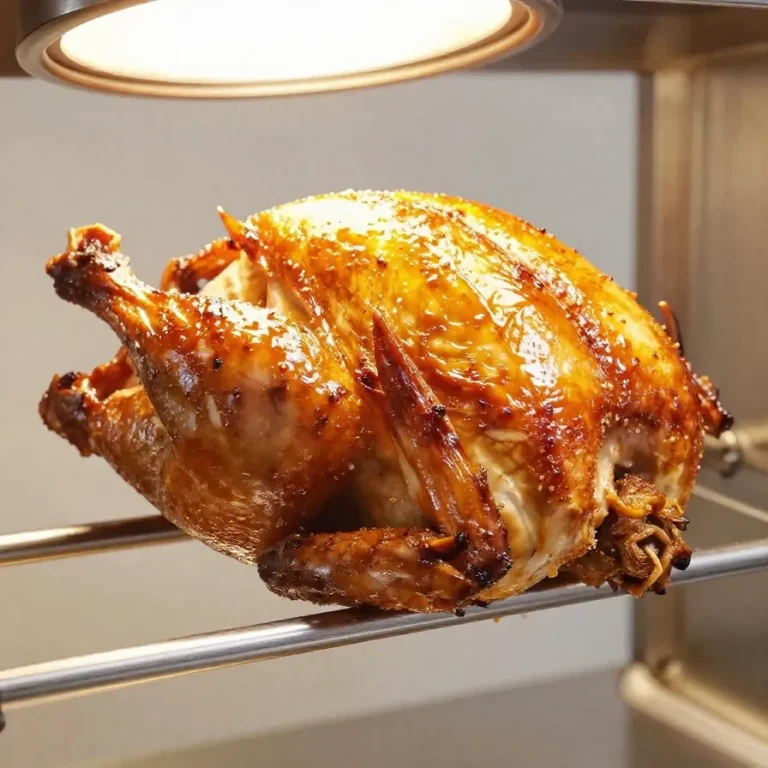 A perfectly roasted chicken served with vegetables and herbs on a dinner plate.