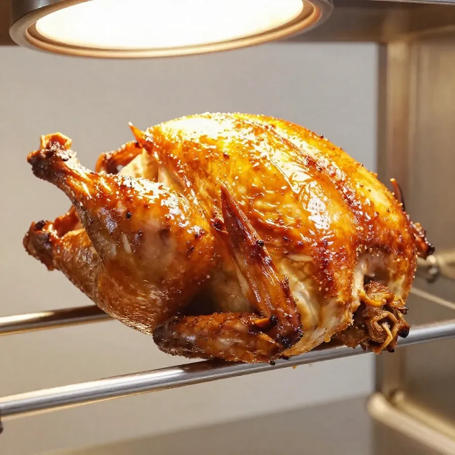 A perfectly roasted chicken served with vegetables and herbs on a dinner plate.