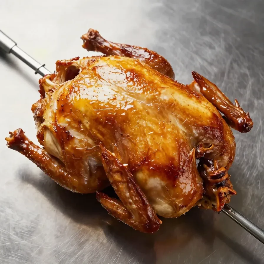 A perfectly roasted chicken served with vegetables and herbs on a dinner plate.