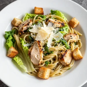 A bowl of chicken Caesar pasta salad with grilled chicken, romaine lettuce, and penne pasta, topped with Parmesan cheese.
