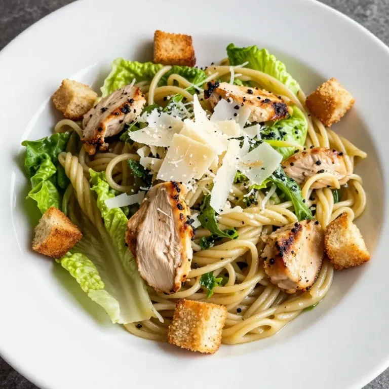 A bowl of chicken Caesar pasta salad with grilled chicken, romaine lettuce, and penne pasta, topped with Parmesan cheese.