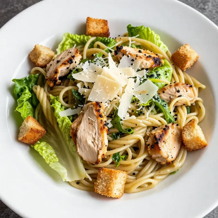 A bowl of chicken Caesar pasta salad with grilled chicken, romaine lettuce, and penne pasta, topped with Parmesan cheese.