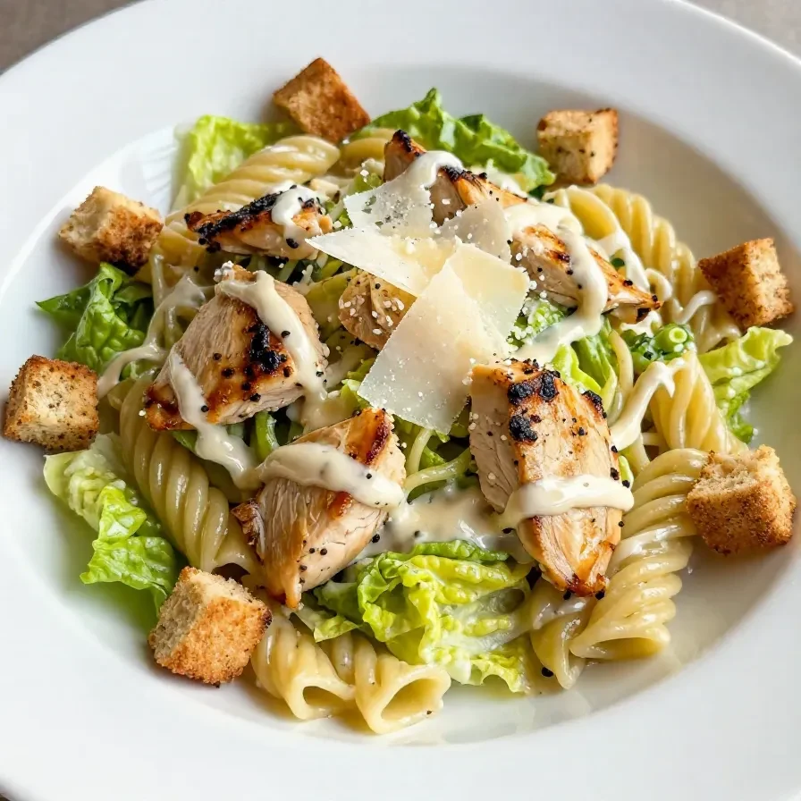 A bowl of chicken Caesar pasta salad with grilled chicken, romaine lettuce, and penne pasta, topped with Parmesan cheese.