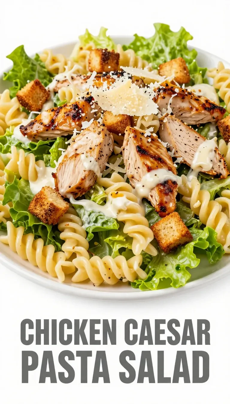 A bowl of chicken Caesar pasta salad with grilled chicken, romaine lettuce, and penne pasta, topped with Parmesan cheese.
