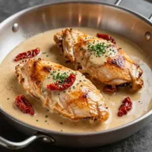 A plate of creamy Marry Me Chicken garnished with fresh herbs and served alongside roasted vegetables.