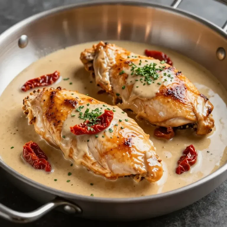 A plate of creamy Marry Me Chicken garnished with fresh herbs and served alongside roasted vegetables.