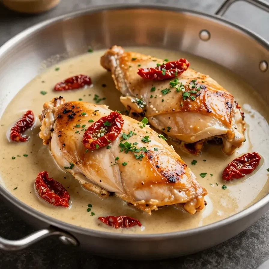 A plate of creamy Marry Me Chicken garnished with fresh herbs and served alongside roasted vegetables.