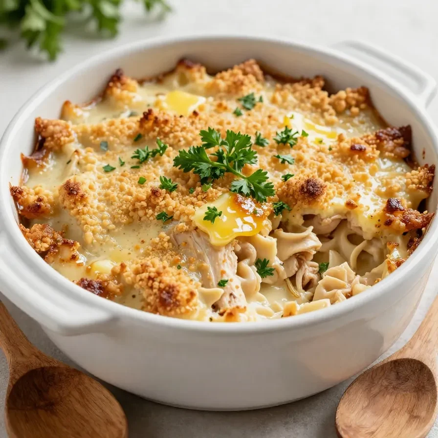 A golden-brown chicken casserole topped with crispy breadcrumbs served in a white baking dish.