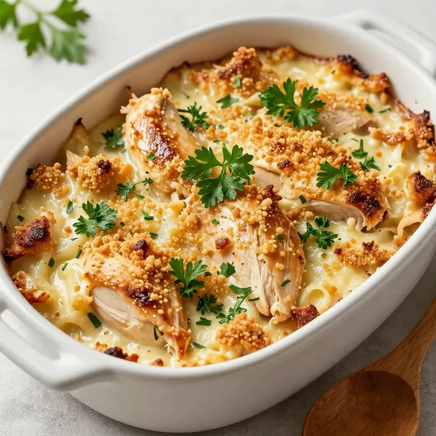 A golden-brown chicken casserole topped with crispy breadcrumbs served in a white baking dish.