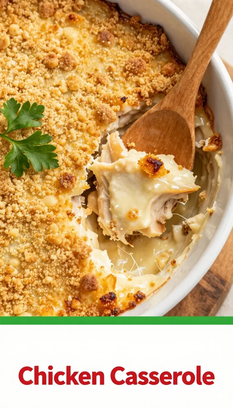 A golden-brown chicken casserole topped with crispy breadcrumbs served in a white baking dish.