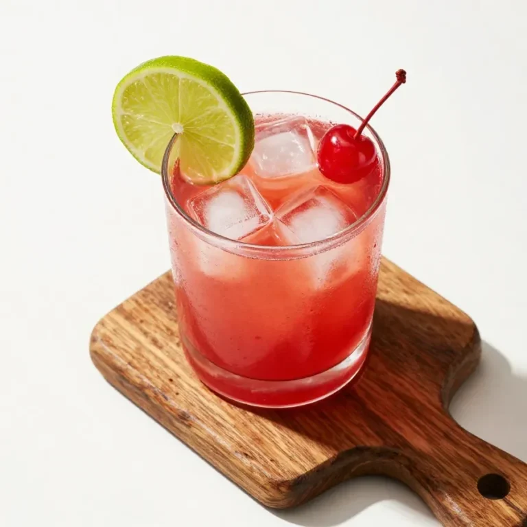 A vibrant Dirty Shirley cocktail garnished with a cherry and served in a tall glass.