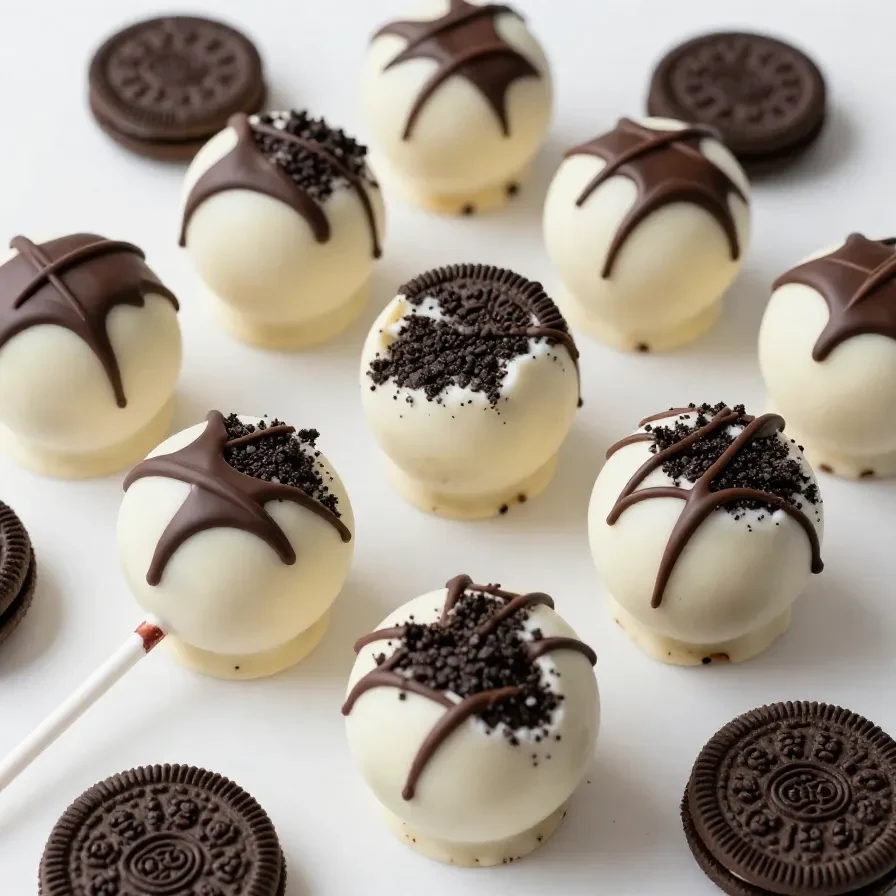 A close-up of easy no-bake Oreo cake pops displayed on a white plate.