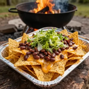 A plate of grilled nachos topped with melted cheese, jalapeños, and fresh tomatoes, perfect for camping meals.