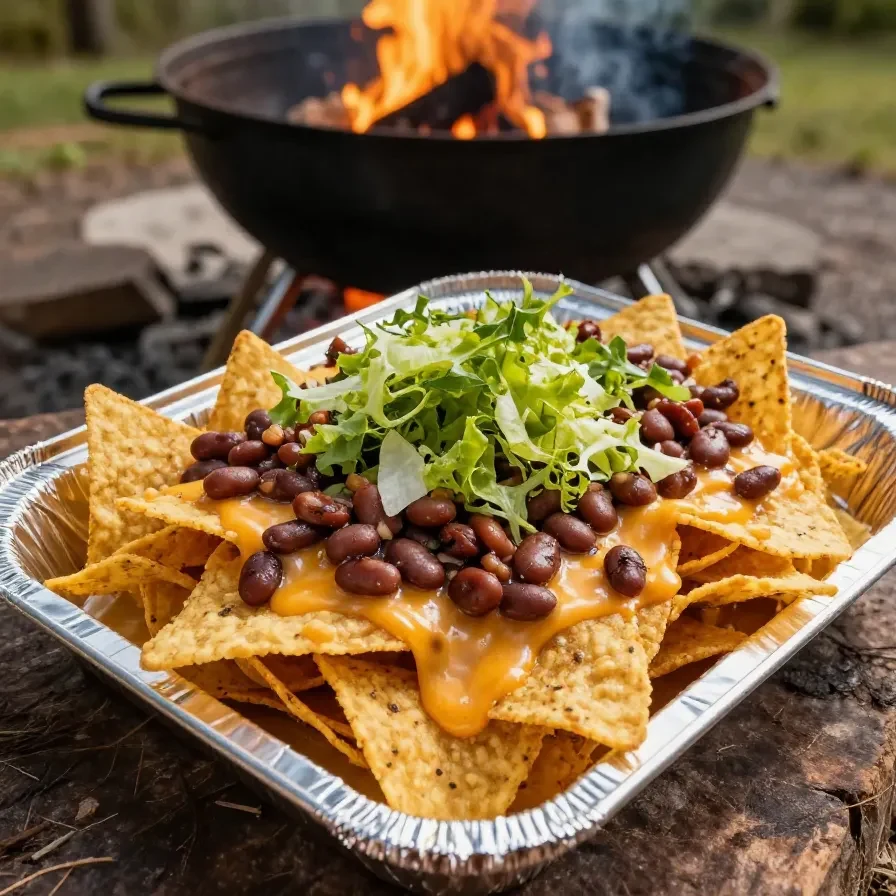 A plate of grilled nachos topped with melted cheese, jalapeños, and fresh tomatoes, perfect for camping meals.