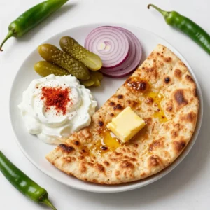 Close-up view of a freshly cooked aloo paratha served with butter and pickles.