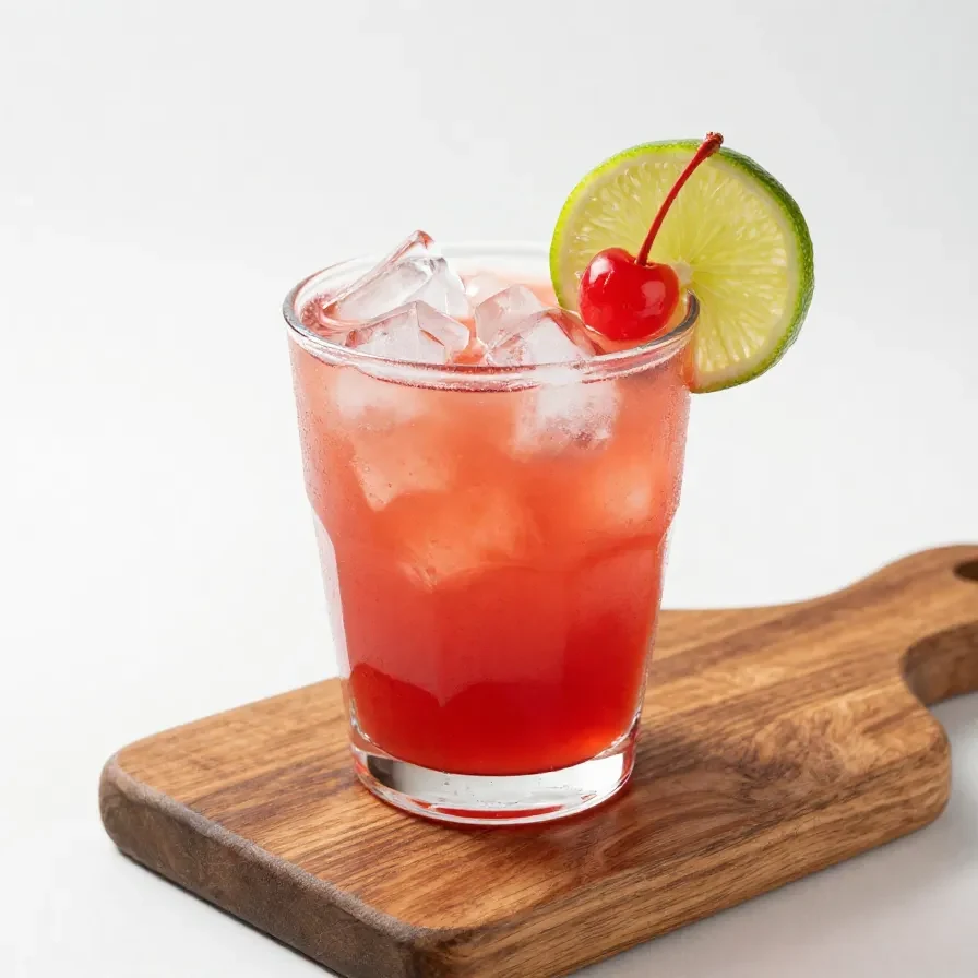 A vibrant Dirty Shirley cocktail garnished with a cherry and served in a tall glass.