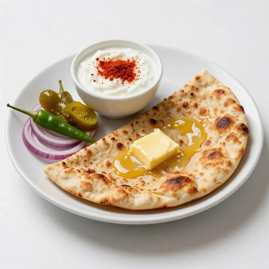Close-up view of a freshly cooked aloo paratha served with butter and pickles.