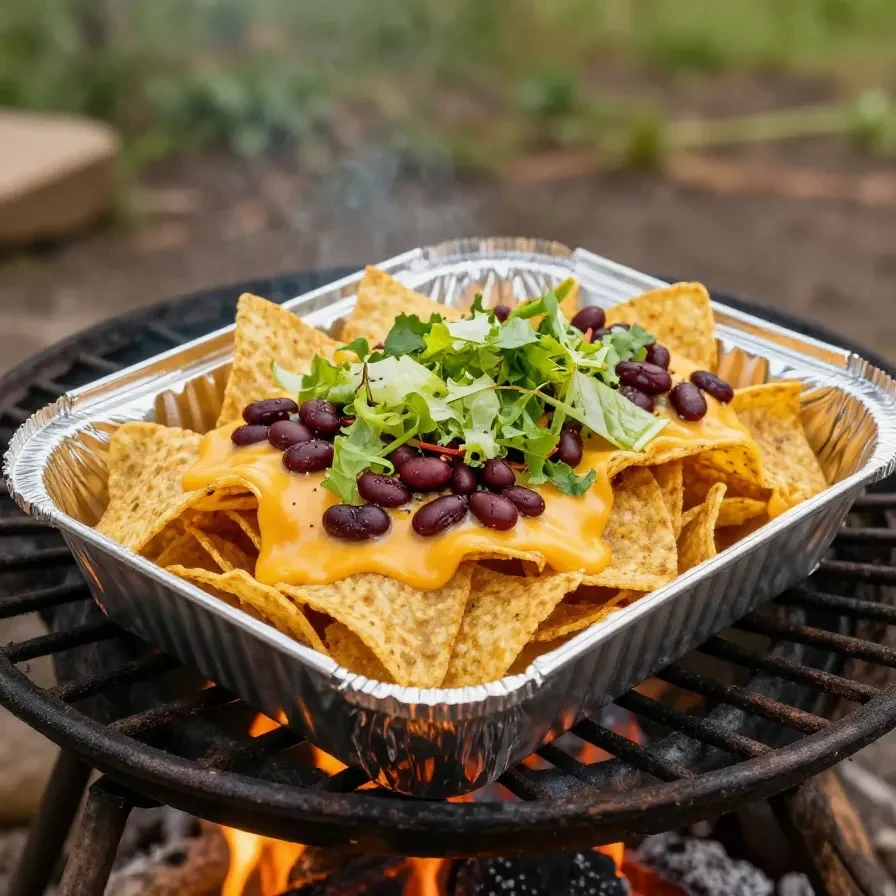 A plate of grilled nachos topped with melted cheese, jalapeños, and fresh tomatoes, perfect for camping meals.