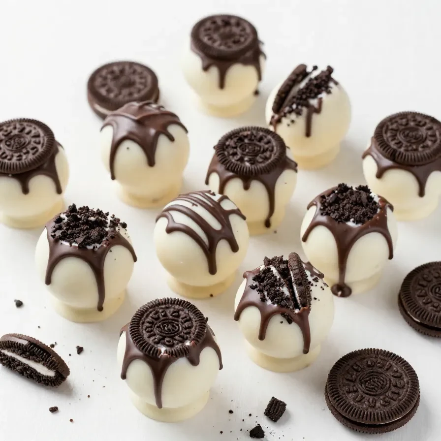 A close-up of easy no-bake Oreo cake pops displayed on a white plate.