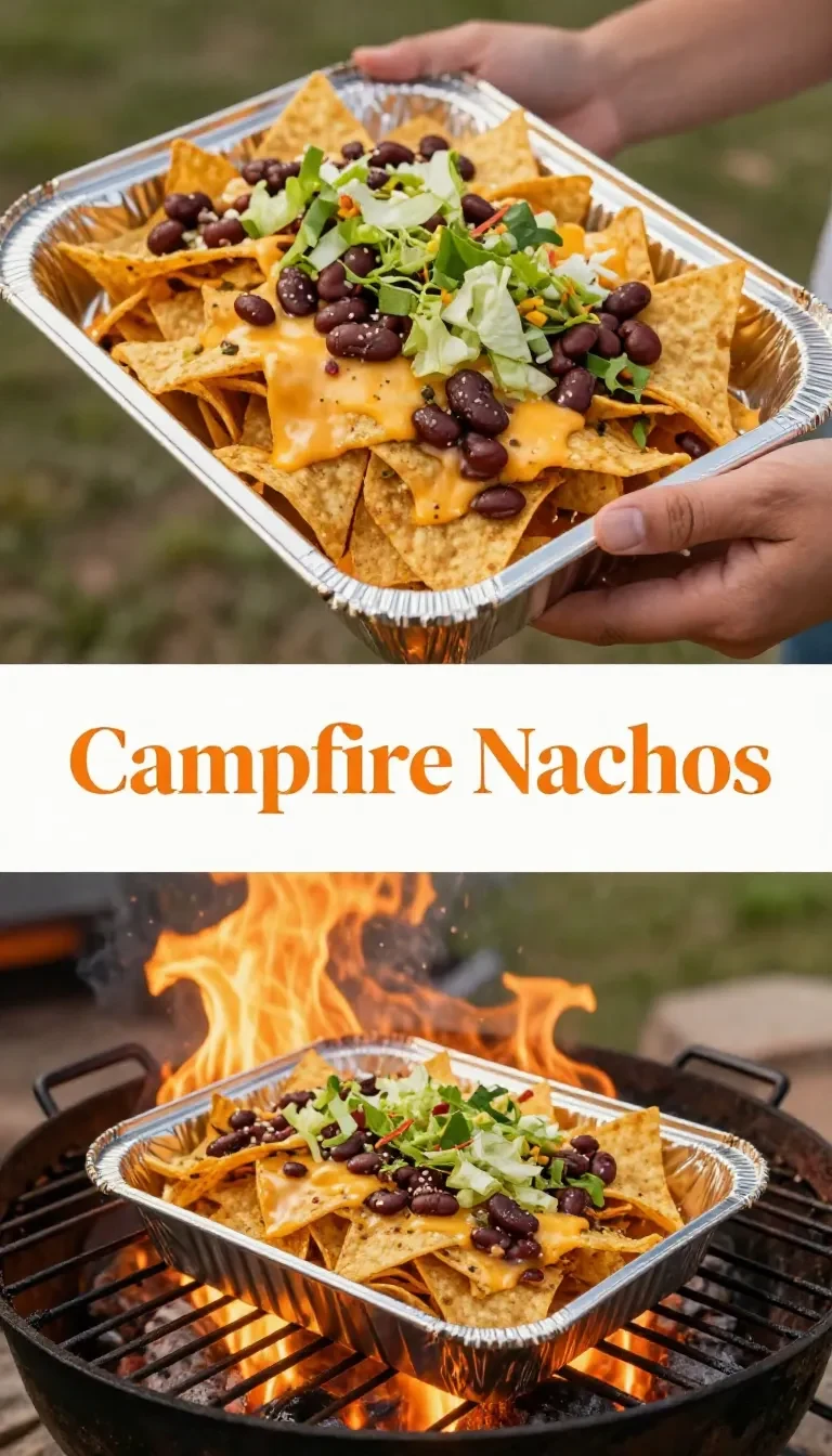 A plate of grilled nachos topped with melted cheese, jalapeños, and fresh tomatoes, perfect for camping meals.