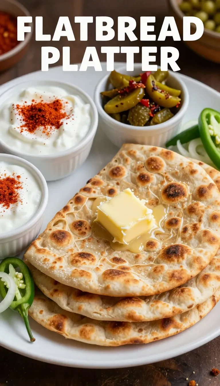 Close-up view of a freshly cooked aloo paratha served with butter and pickles.