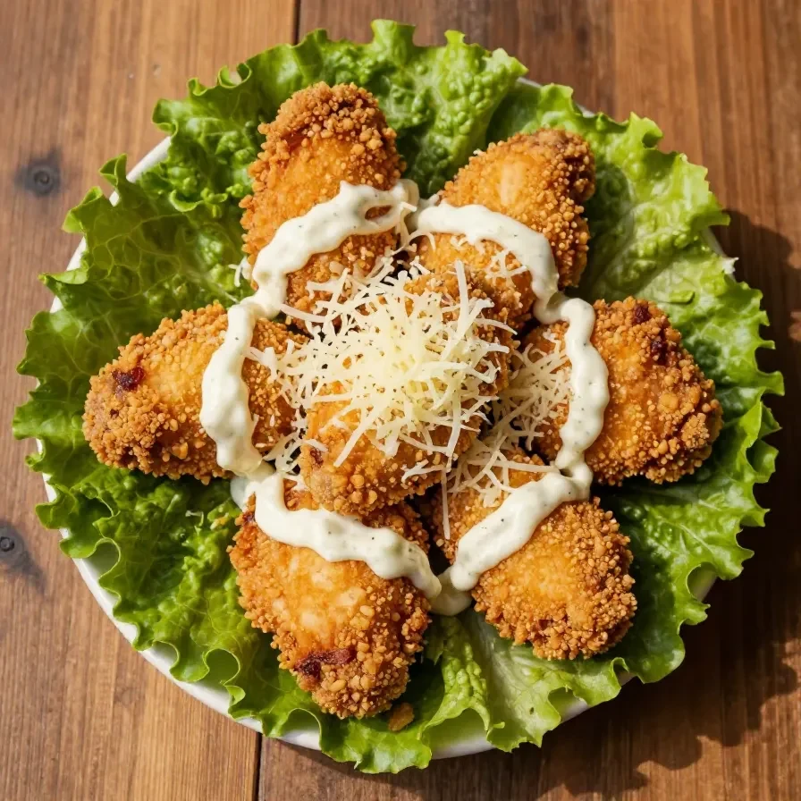 Homemade chicken crust pizza served with Caesar salad on a dinner table.