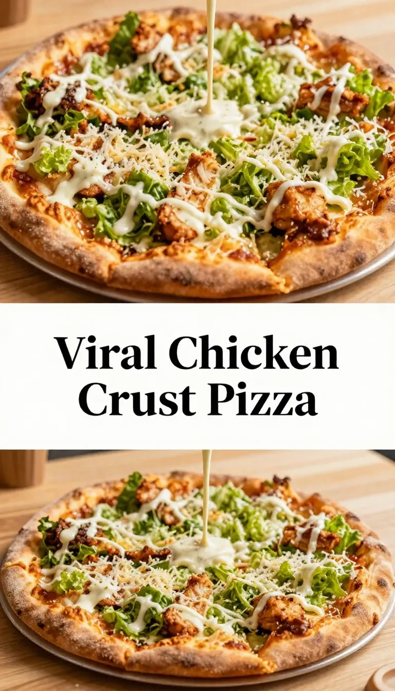 Homemade chicken crust pizza served with Caesar salad on a dinner table.