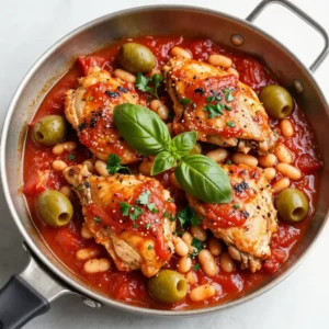A plate of Spanish chicken served with bravas sauce, garnished with fresh parsley.