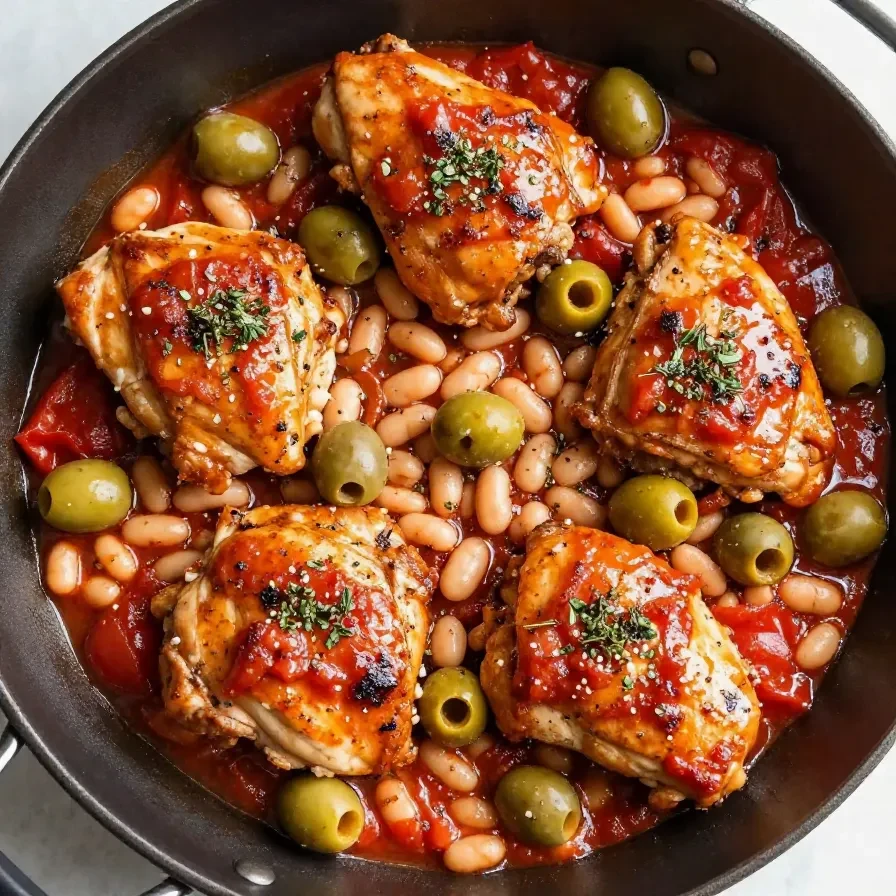 A plate of Spanish chicken served with bravas sauce, garnished with fresh parsley.