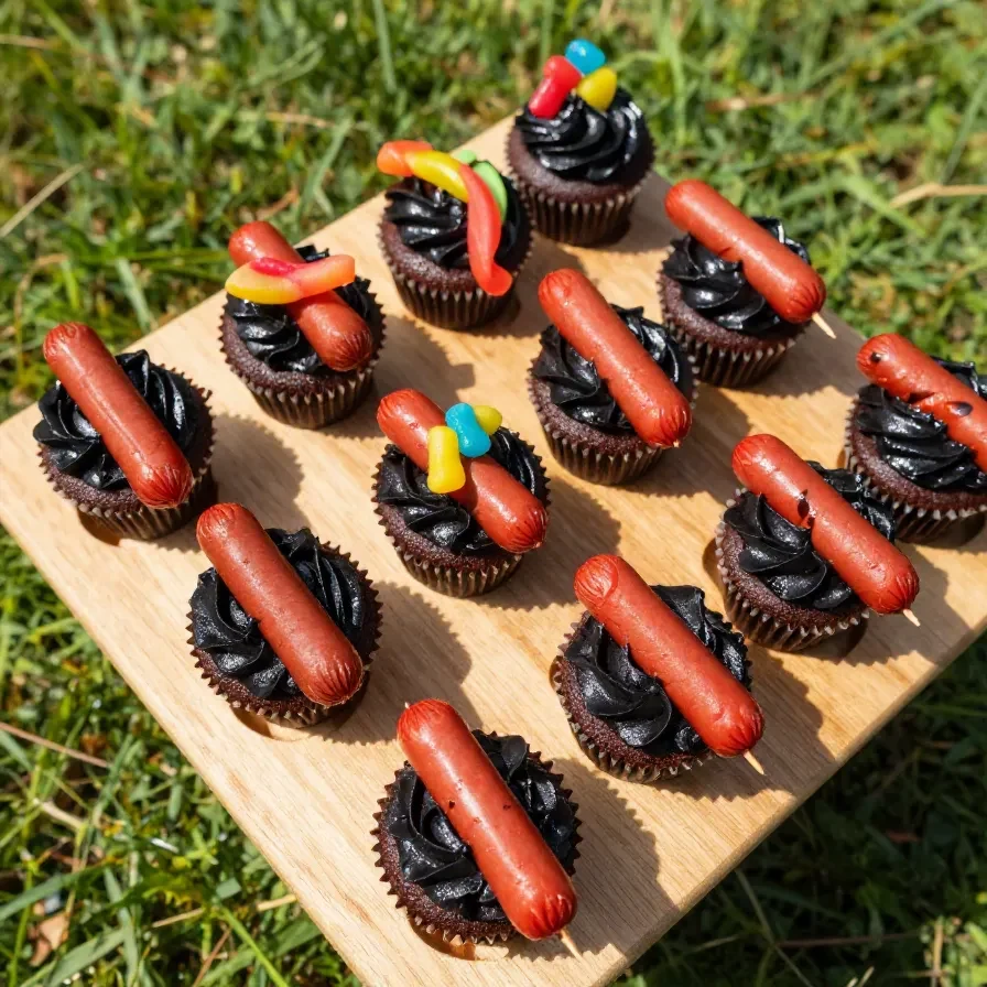Close-up view of freshly grilled brownie bites served on a wooden plate.