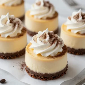 A close-up of mini coffee cheesecakes topped with whipped cream and chocolate shavings.