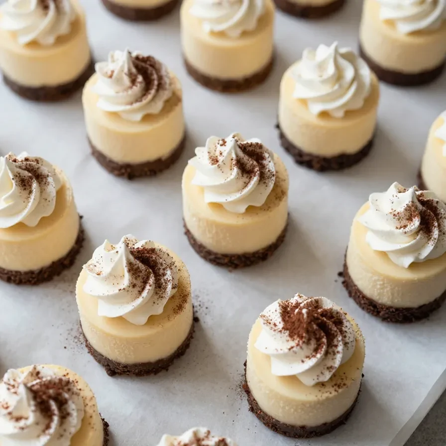 A close-up of mini coffee cheesecakes topped with whipped cream and chocolate shavings.