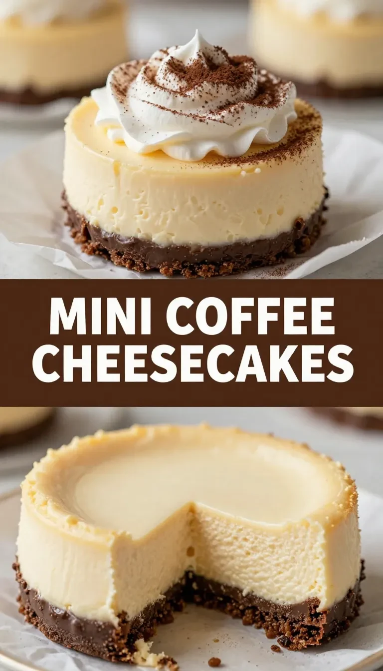 A close-up of mini coffee cheesecakes topped with whipped cream and chocolate shavings.