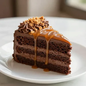 A rich dark chocolate peanut butter cake topped with salted caramel drizzle, perfect for Father's Day celebrations.