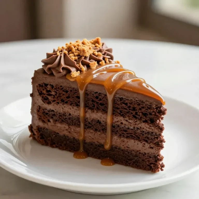 A rich dark chocolate peanut butter cake topped with salted caramel drizzle, perfect for Father's Day celebrations.
