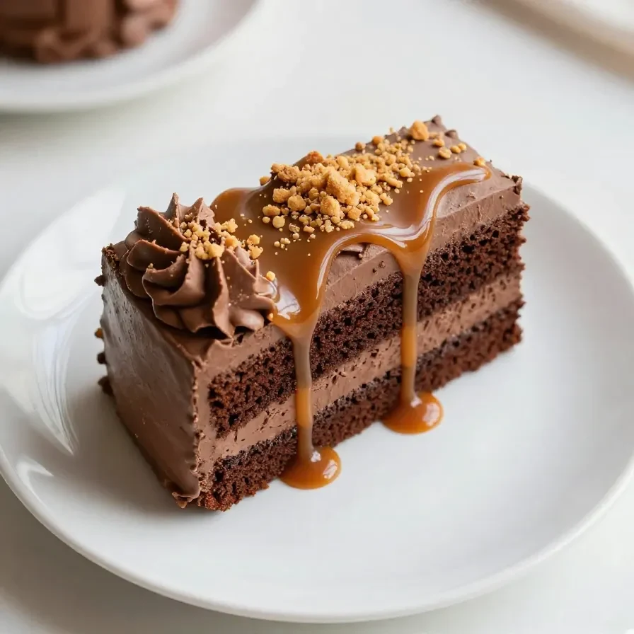 A rich dark chocolate peanut butter cake topped with salted caramel drizzle, perfect for Father's Day celebrations.