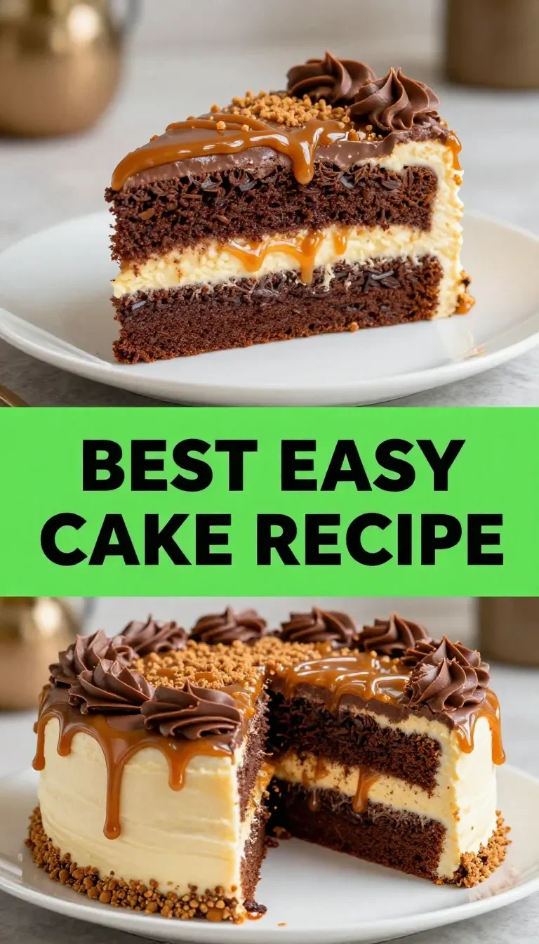 A rich dark chocolate peanut butter cake topped with salted caramel drizzle, perfect for Father's Day celebrations.