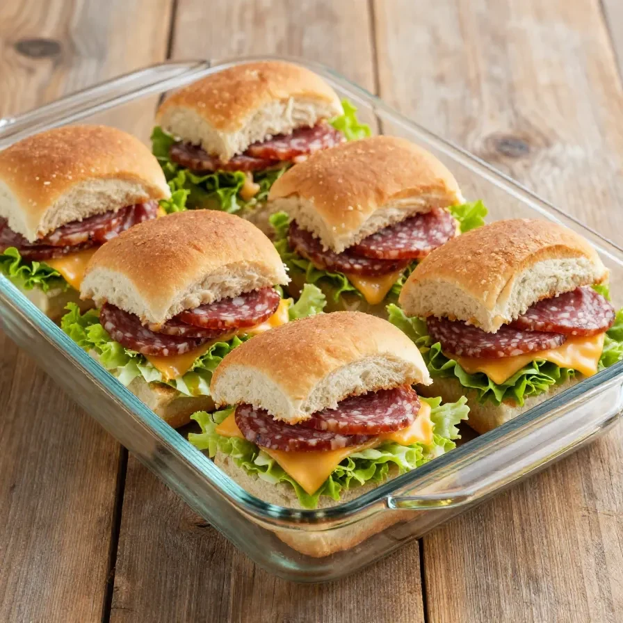 Close-up of Italian grinder sliders topped with melted cheese and fresh herbs