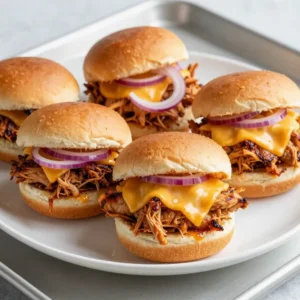 Close-up view of BBQ chicken sliders served on a wooden platter.