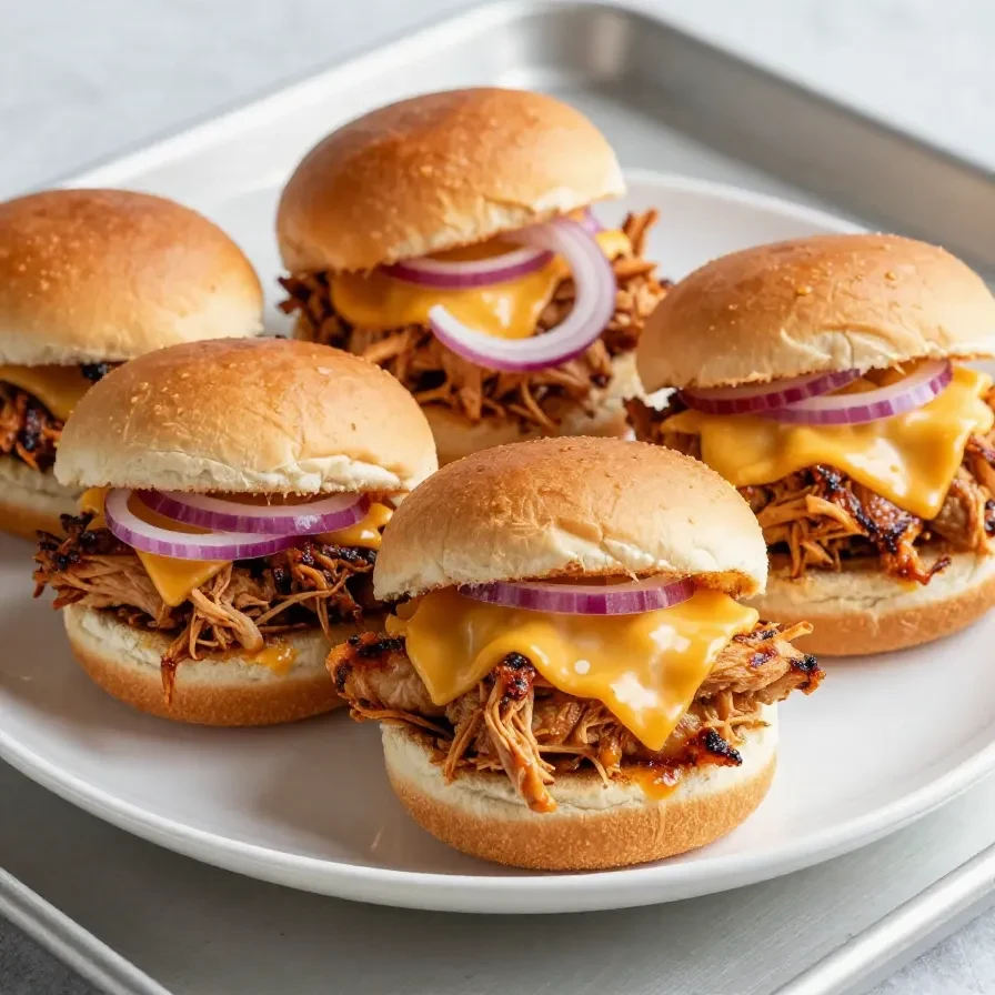 Close-up view of BBQ chicken sliders served on a wooden platter.