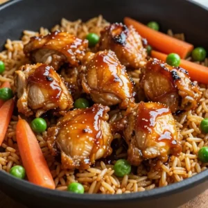 A plate of honey BBQ chicken served over steamed rice, garnished with fresh herbs.