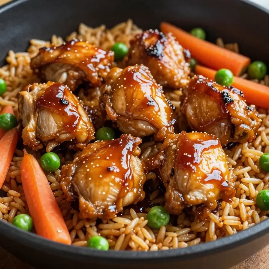 A plate of honey BBQ chicken served over steamed rice, garnished with fresh herbs.