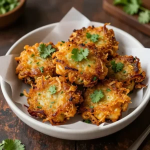 A plate of crispy onion pakodas served with green chutney and tea.